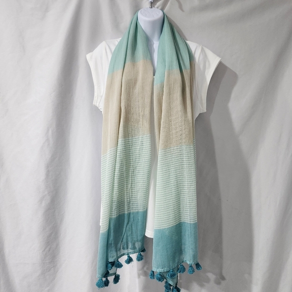 Talbots Sheer Scarf Teal Tan Stripe Tassels Preppy Classic - Picture 4 of 5